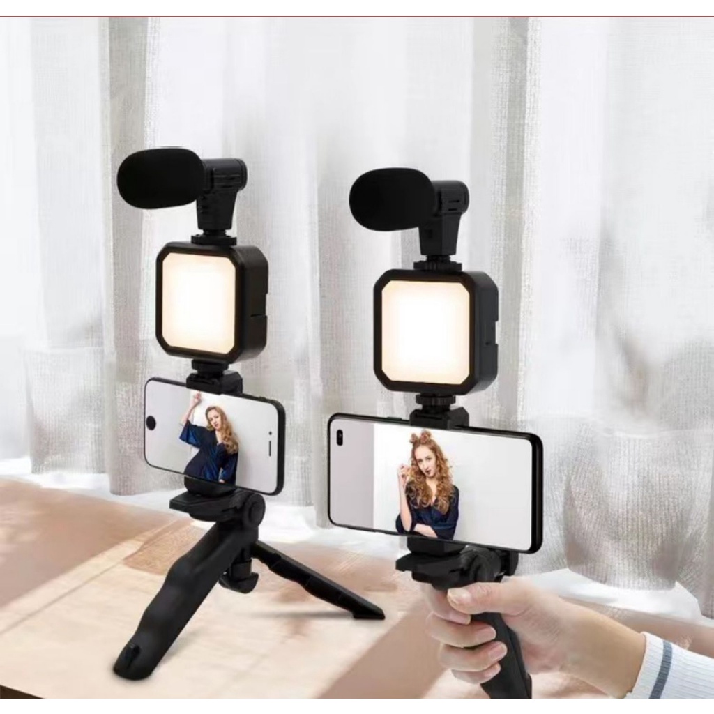 [Hàng HOT] Giá Đỡ Điện Thoại Ba chân Cầm Tay Có Đèn -  Mic Thu Âm - Chuyên Quay Video, Tiktok, Vlog, Livestream - Bộ thiết bị Vlog【Carbon070】