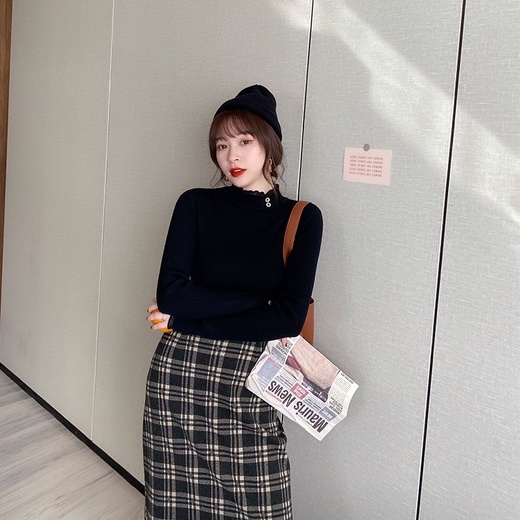 Áo sweater ZHELIHANGFEI dệt kim tay dài cổ lọ phối ren thời trang cho nữ