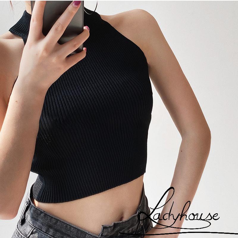 Áo Croptop Không Tay Cổ Tròn Màu Trơn Có Gân Cho Nữ
