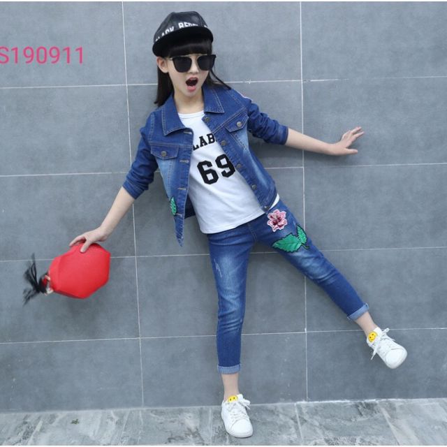 Set jean thêu hoa bé lớn