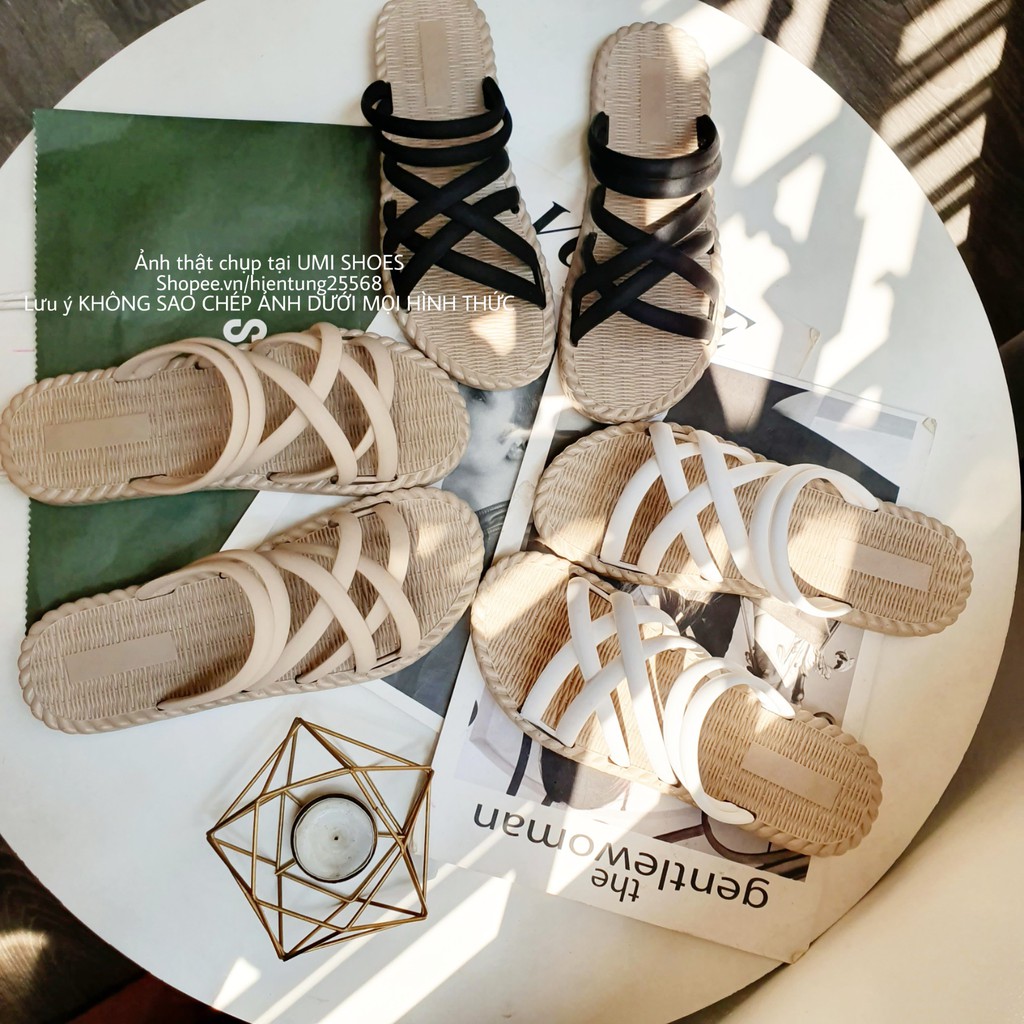 LOẠI I ĐẾ DẺO  Dép nữ sandal lê đế bằng bệt giả cói quai chéo đi mưa chống nước hôi chân mới hot màu đen/be [ẢNH THẬT] | BigBuy360 - bigbuy360.vn