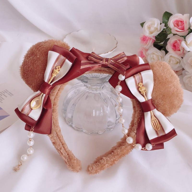 Cài tóc tai gấu bằng vải lông trang trí nơ và chuỗi hạt ngọc trai nhân tạo lolita dễ thương cho tiệc hóa trang anime