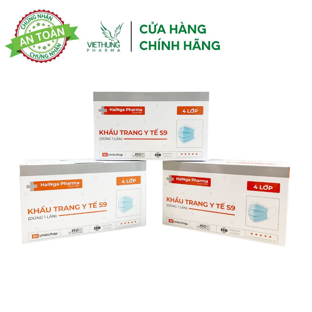 Khẩu Trang Y Tế 4 Lớp Kháng Khuẩn VietHung Pharma, Màu Trắng và Xanh, Giúp Diệt Nấm Mốc, Bụi Mịn, Hộp Khẩu Trang 50 Cái