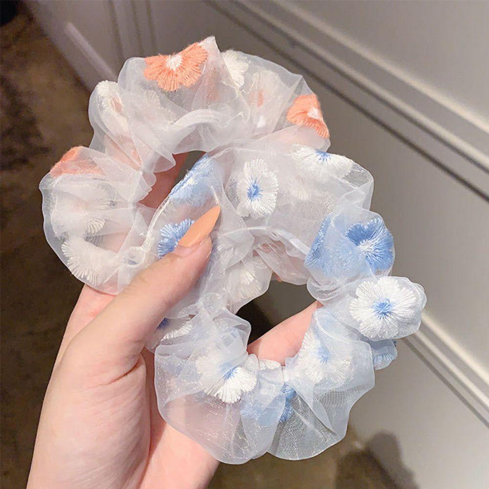Dây Cột Tóc Cao Su Bọc Vải Gạc Thêu Hoa Cho Nữ