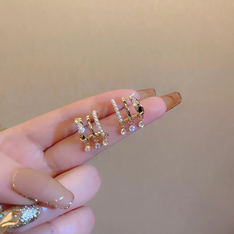 Khuyên Tai Hình Học Nhiều Lớp Đính Đá Zircon Phong Cách Hàn Quốc Mới Cho Nữ