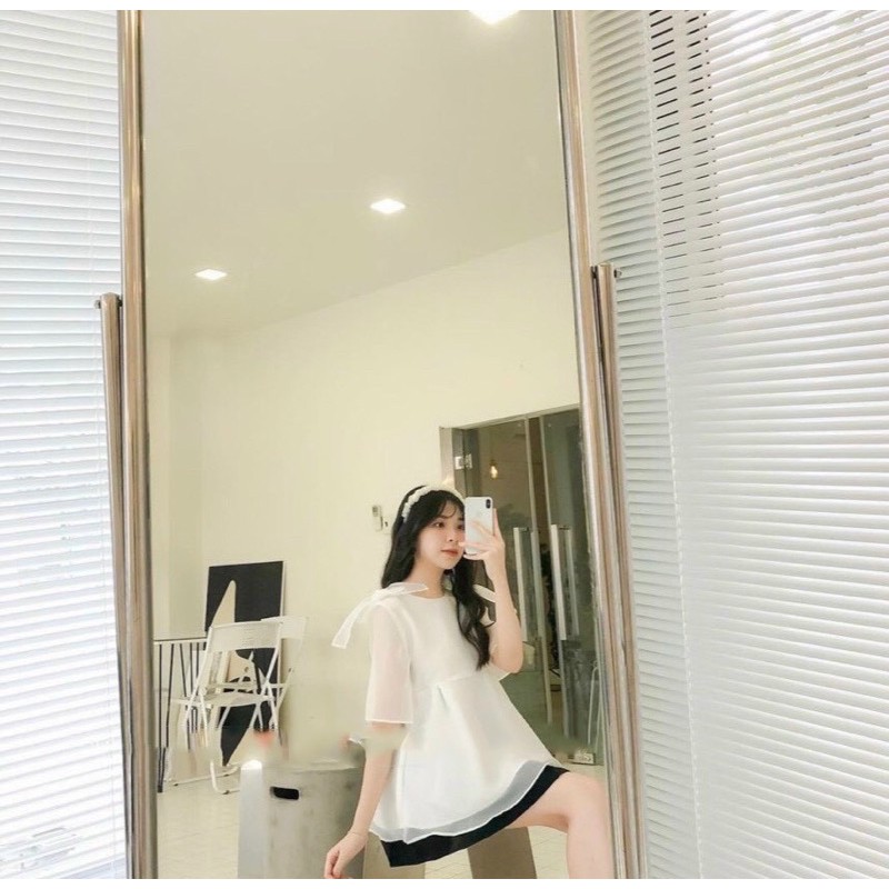 Set bộ áo babydoll short đen tay phồng nơ 🌻 | BigBuy360 - bigbuy360.vn