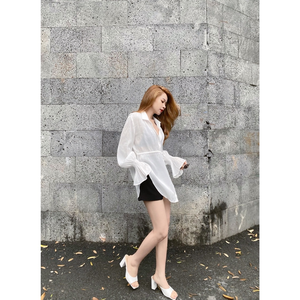 Áo sơmi tay phồng bèo dún vải tơ