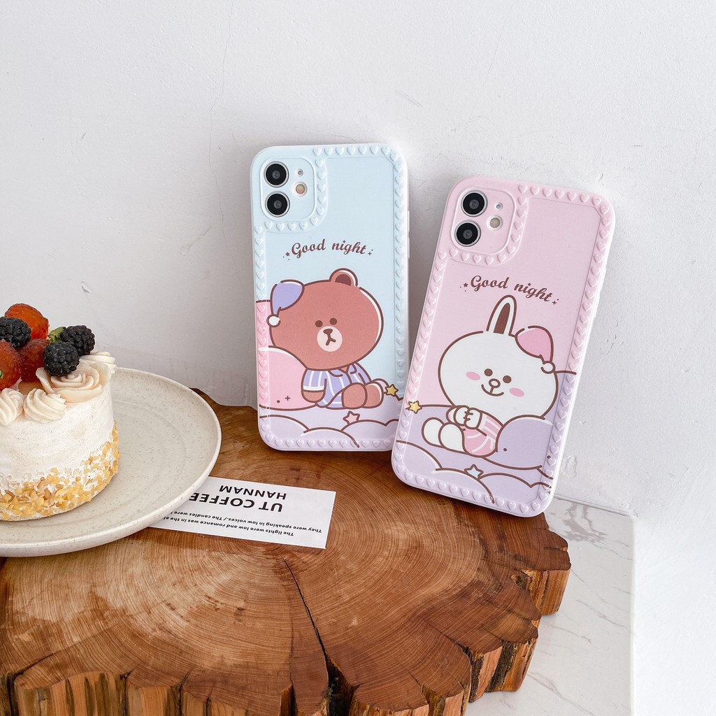 Ốp lưng iphone Good night teddy viền trái tim nổi cạnh vuông 7/8/7plus/8plus/xr/x/xs/xsmax/11/12/12mini/pro/promax