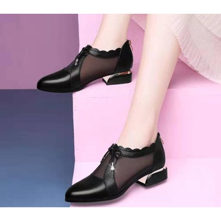 Giày Bốt Nữ Cổ Thấp Ren Lưới Đế Vuông H98 Thời Trang Hàn Quốc