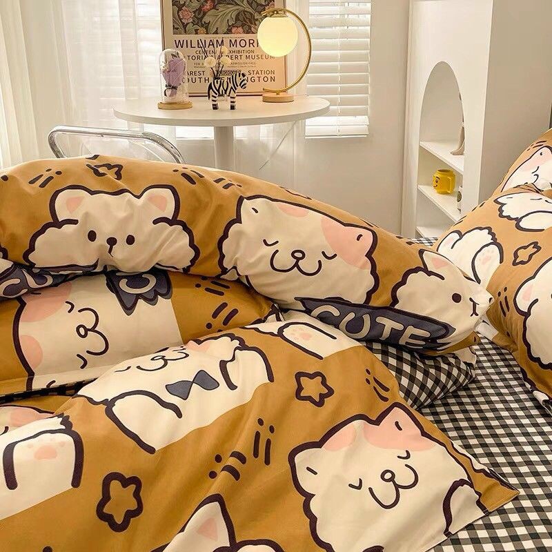 Bộ Chăn Ga Gối Cotton Poly Nhập Khẩu Cún Trắng Caro