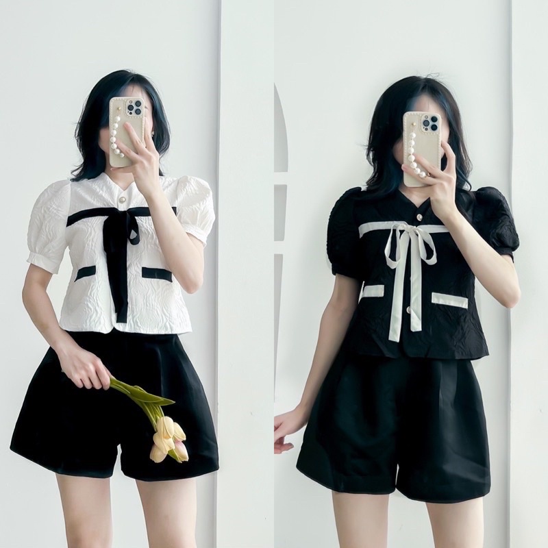 Áo nơ xốp hai màu cộc tay