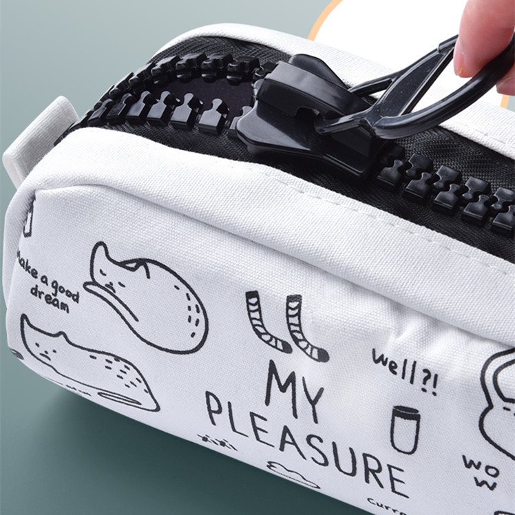 Túi Đựng Bút Màu Trắng Đen Sức Chứa Lớn Có Khóa Kéo Dành Cho Học Sinh