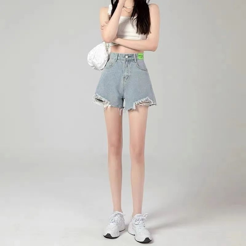 Quần Short Denim Đen Dáng Chữ A Ống Rộng Lưng Cao Phối Rách Thời Trang Mùa Hè 2022 Cho Nữ