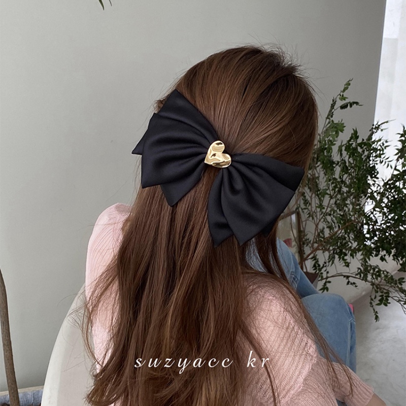 Kẹp Tóc Nơ Đen Bằng Satin Trái Tim Kim Loại Tinh Tế Và Thanh Lịch
