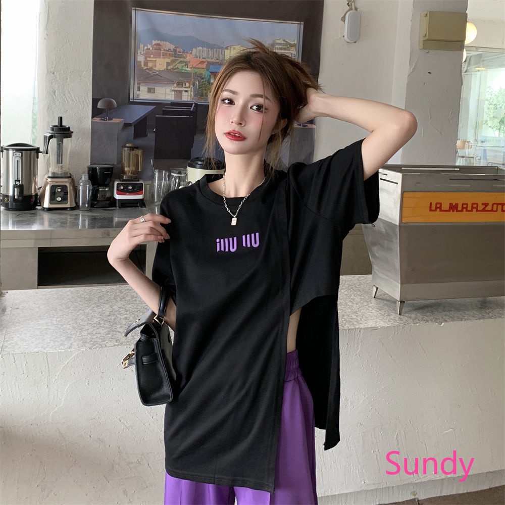 Set Áo Thun Đen Ngắn Tay + Quần Dài Xẻ Tà Thời Trang Nữ