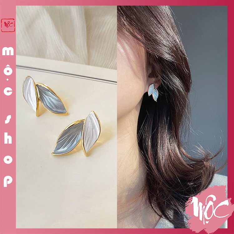 Khuyên tai chiếc lá cuối thu màu xanh trắng phong cách Hàn Quốc