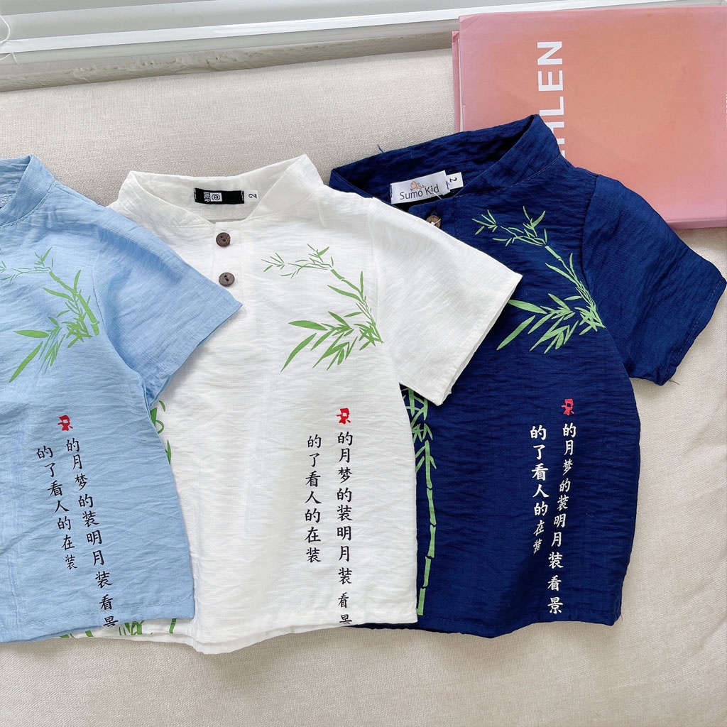 Đồ bộ bé trai LiLa Kids , Bộ cộc tay cho bé chất đũi in hình cây tre cực đẹp cho bé từ 6-28kg