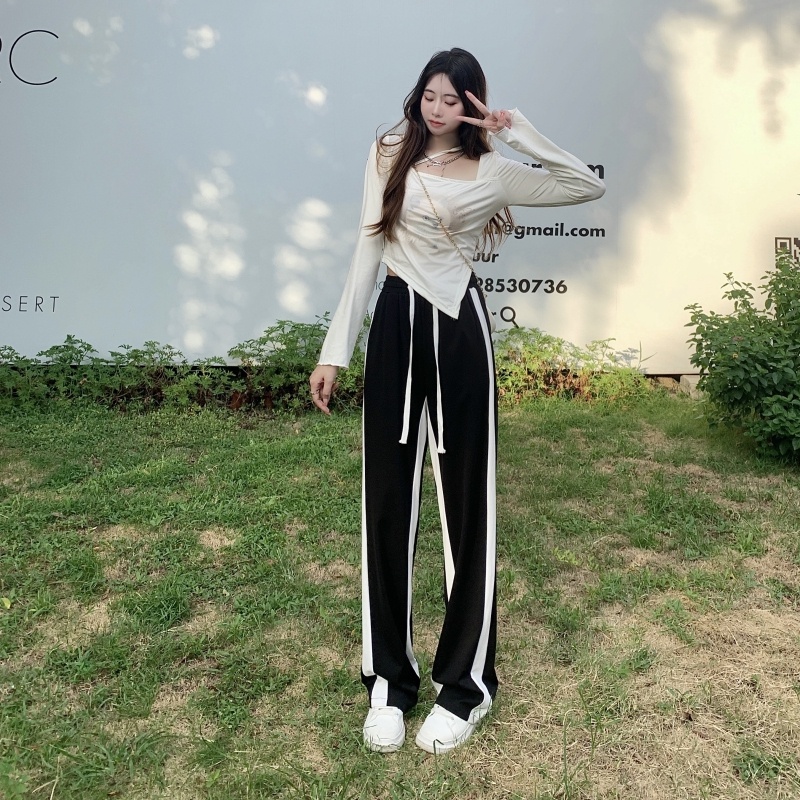 Quần Dài Lưng Cao Ống Rộng Màu Trắng Đen Thời Trang Mùa Thu Cho Nữ
