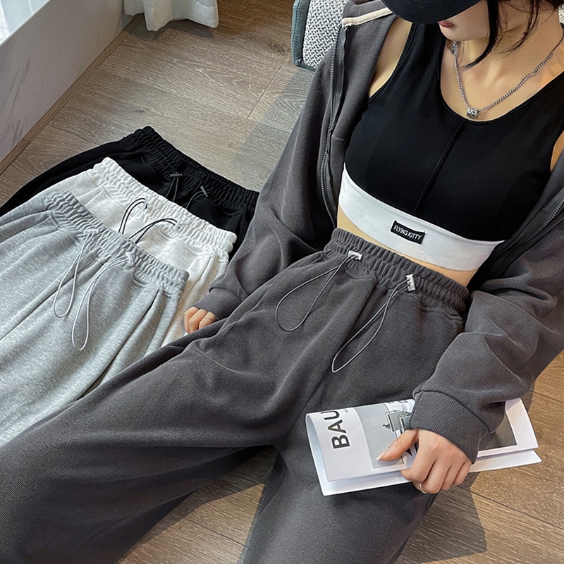 Quần Dài Thể Thao Ống Rộng Có Dây Rút 4 Màu Sắc Chọn Lựa Phong Cách retro Mỹ Cho Nữ