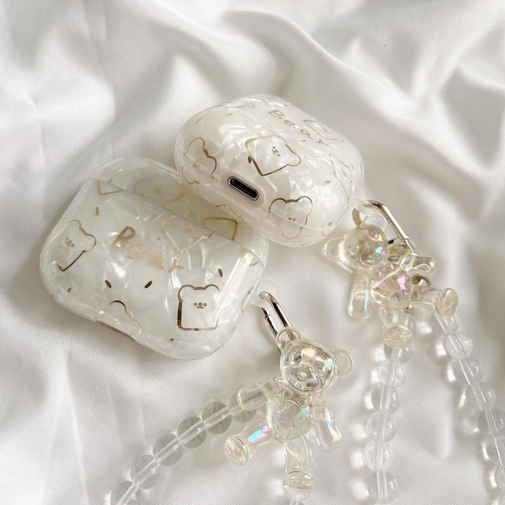 Vỏ Bảo Vệ Hộp Sạc Tai Nghe AirPods 1 2 pro 3 2021 gen3 Họa Tiết Gấu Màu Trong Suốt Gắn Dây Ngọc Trai