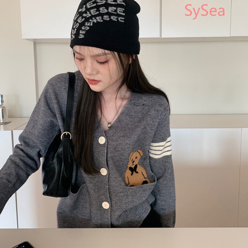 Áo Khoác Cardigan Dệt Kim Thêu Hình Gấu Xinh Xắn Cho Nữ