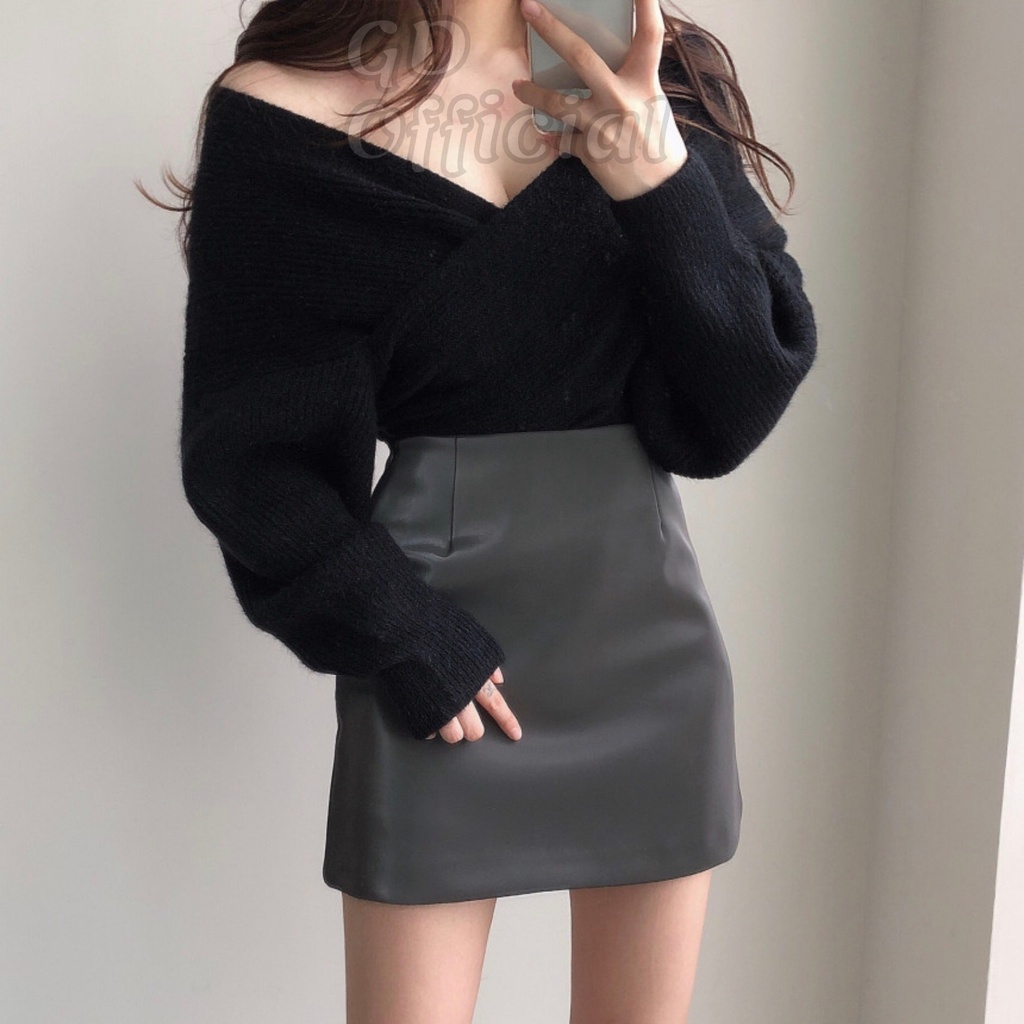 L34|Áo len dệt kim nữ cổ V trơn hở vai dài tay thun gân, váy da pu cạp lưng cao chữ A ngắn xám, kaki, đen GD Official