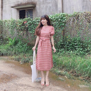 [Ảnh thật] Đầm tay phồng sọc hồng caro cực đẹp ulzzang