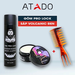 Combo Gôm xịt tóc nam Pro Lock + Sáp vuốt tóc Volcanic Đen + Lược tạo kiểu tóc