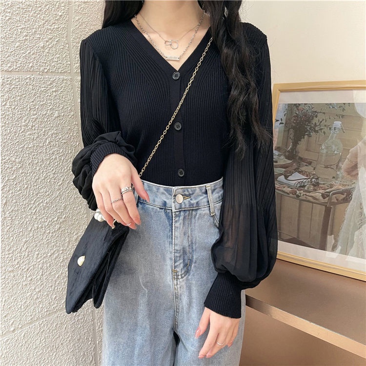 Áo tay phồng cổ chữ V kiểu dáng thời trang Hàn Quốc dành cho nữ