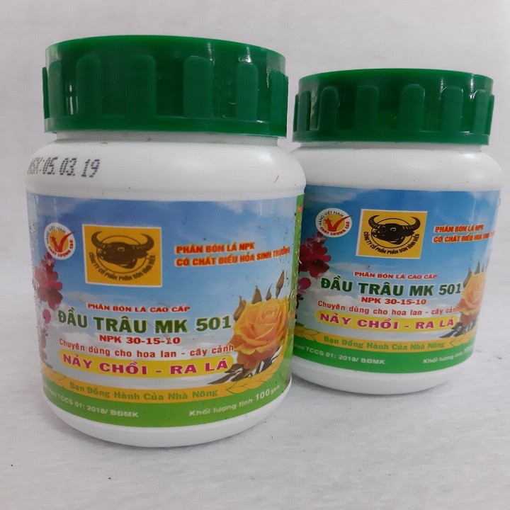 Phân bón Đầu Trâu MK 501 30-15-10 chuyên hoa lan cây cảnh 100gram