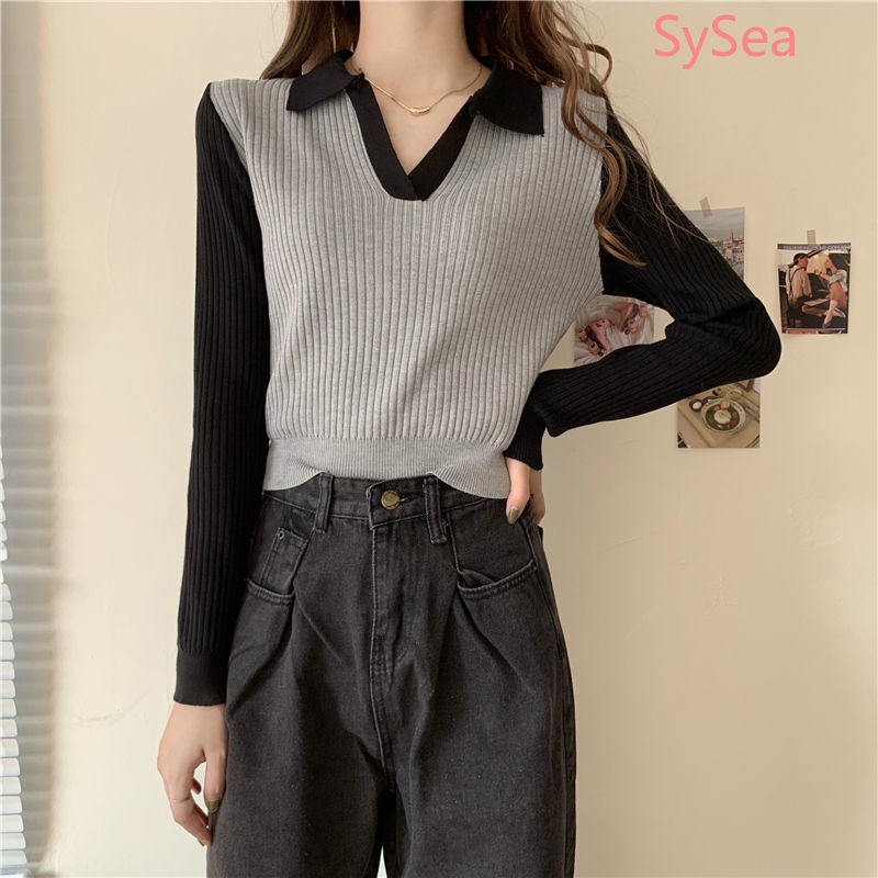 Áo sweater dài tay màu tương phản phong cách mùa thu Hàn Quốc cho nữ