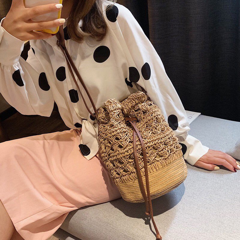 Túi cói Bucket Hồ lô dây rút - phong cách Boho