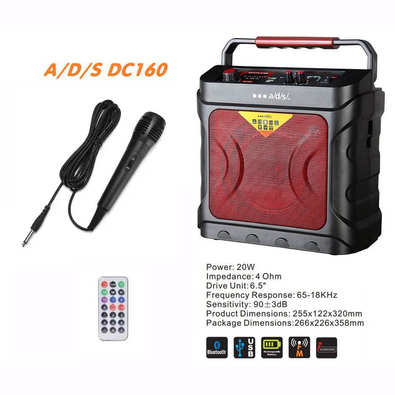 Loa karaoke xách tay A/D/S DC160 công suất 20W hỗ trợ USB/TF/AUX/FM/Mic - bass cực mạnh (Nhiều màu) tặng micro và romote