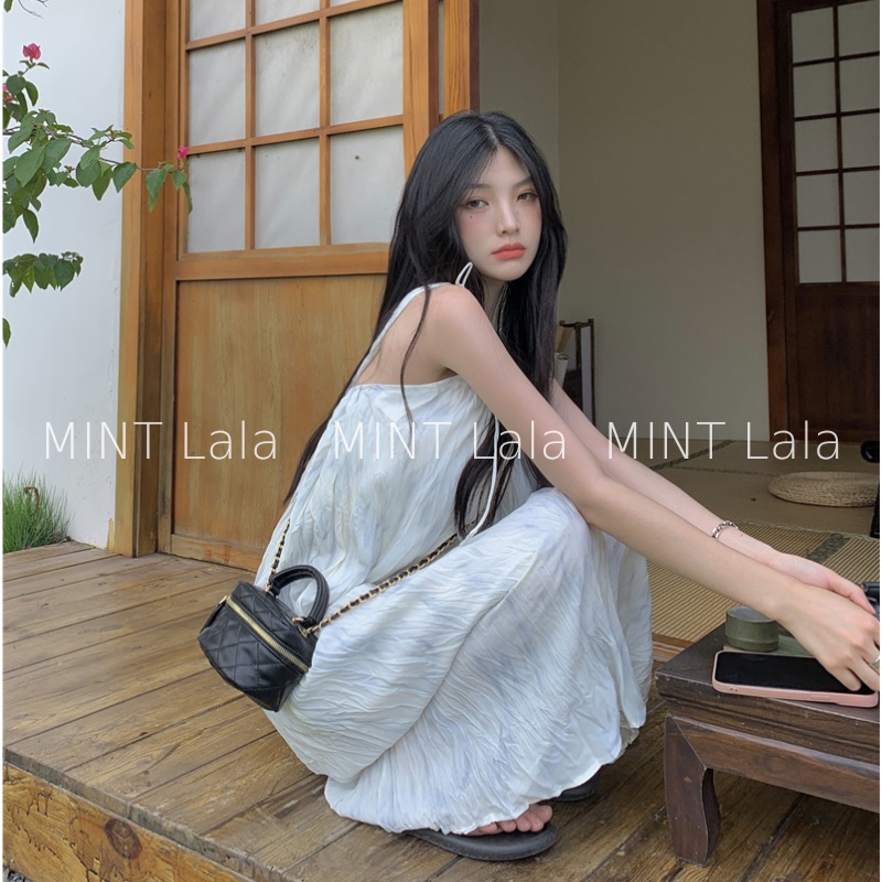 Váy Đầm Hai Dây Xếp Ly Nhăn Dáng Dài Trắng Xanh Kiểu Pháp