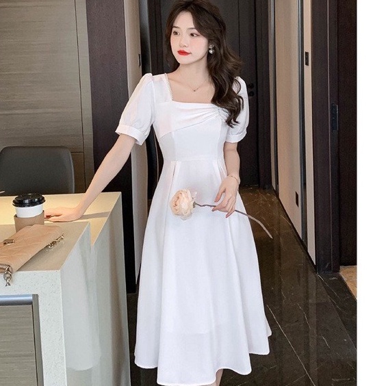 Đầm Váy Thiết Kế Đi Tiệc MAIHOUSE Nhún Ngực Cổ Vuông Tay Phồng Dáng Xoè Chất Cotton Màu Đen , Xanh , Đỏ - D2408