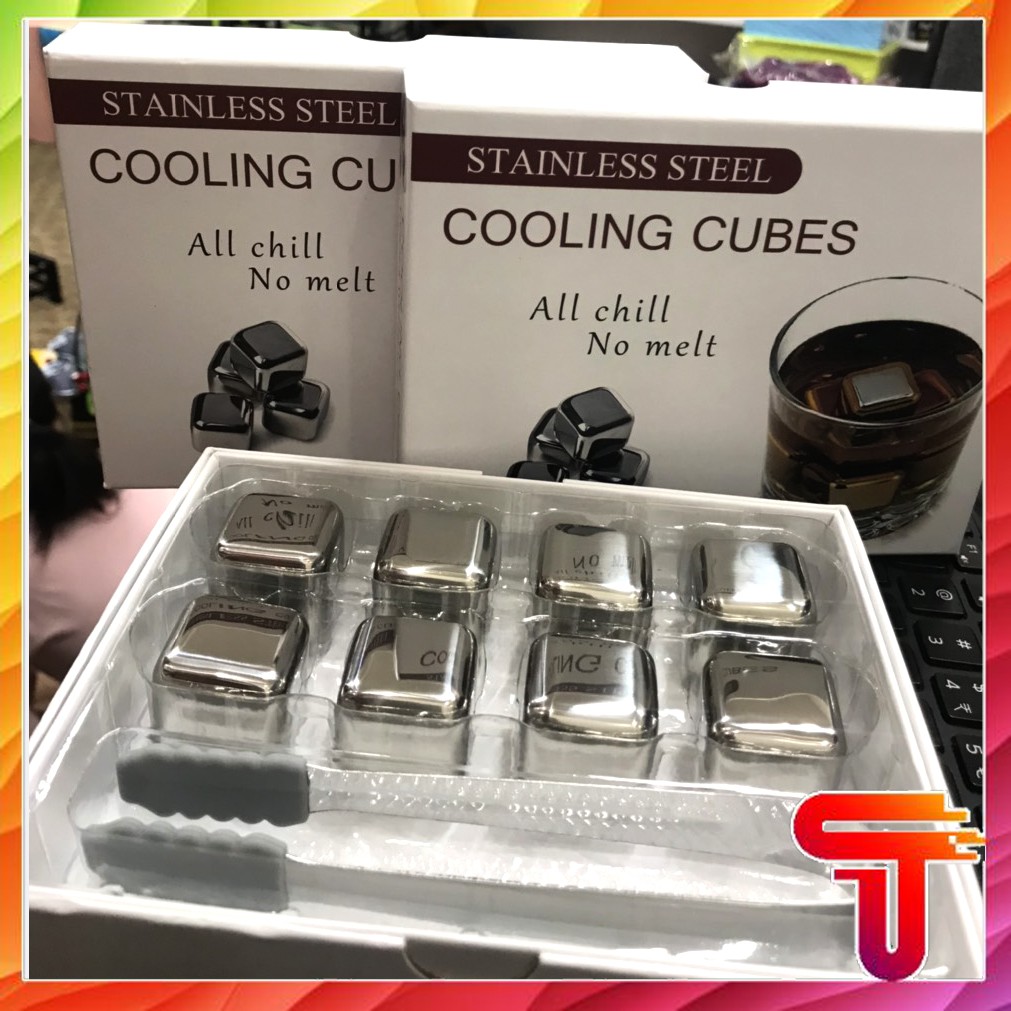 Đá lạnh vĩnh cửu không tan Cooling cubes 8 viên Đá Lạnh Không Tan INOX Cao Cấp Tặng Kèm Dụng Cụ Gắp Đá