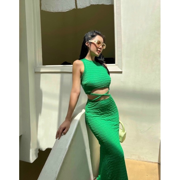 Đầm Body Gân 3 Lỗ Đan Chéo Bụng Dáng Ôm Dài