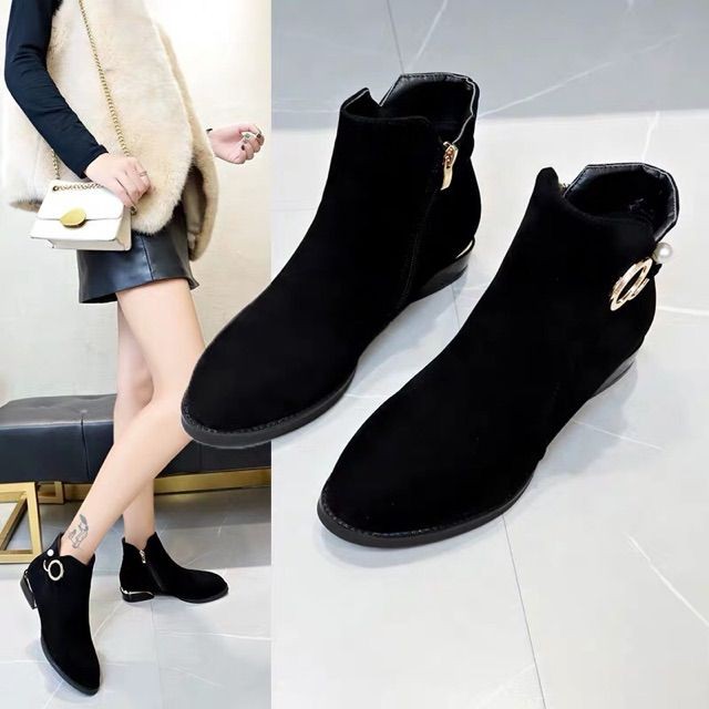 (Sẵn đen 40) Bốt da lộn cổ ngắn gót thấp BIG SIZE 35-44 - Ảnh thật