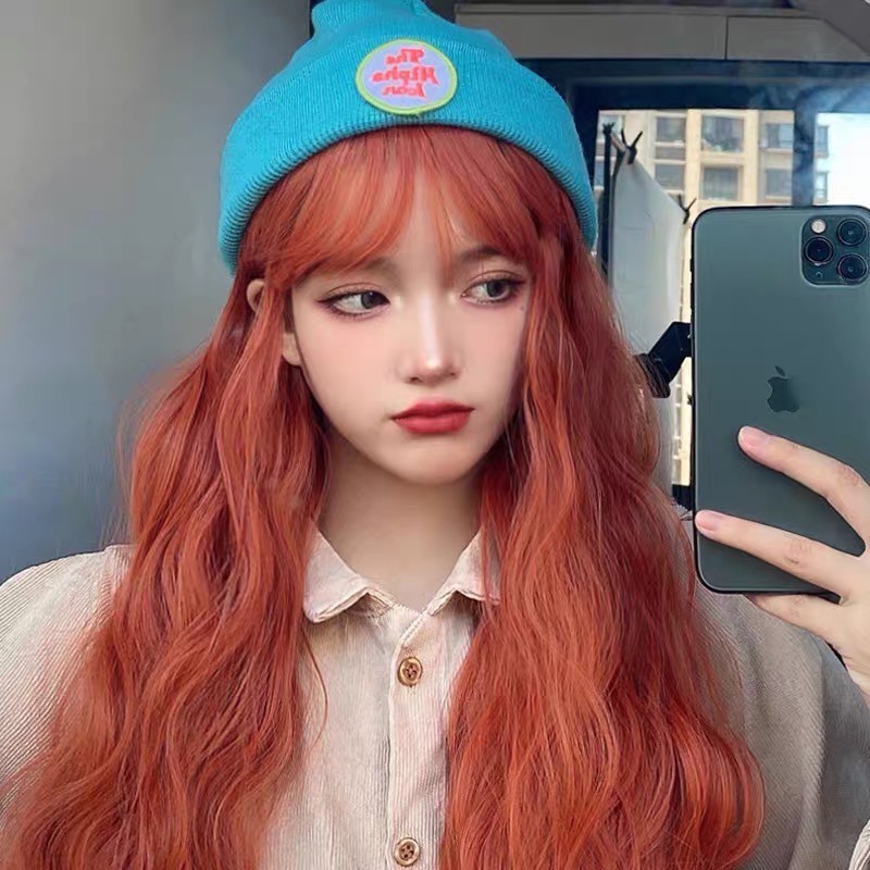 Bộ Tóc Giả Nữ Xoăn Dài Màu Cam Cá Tính