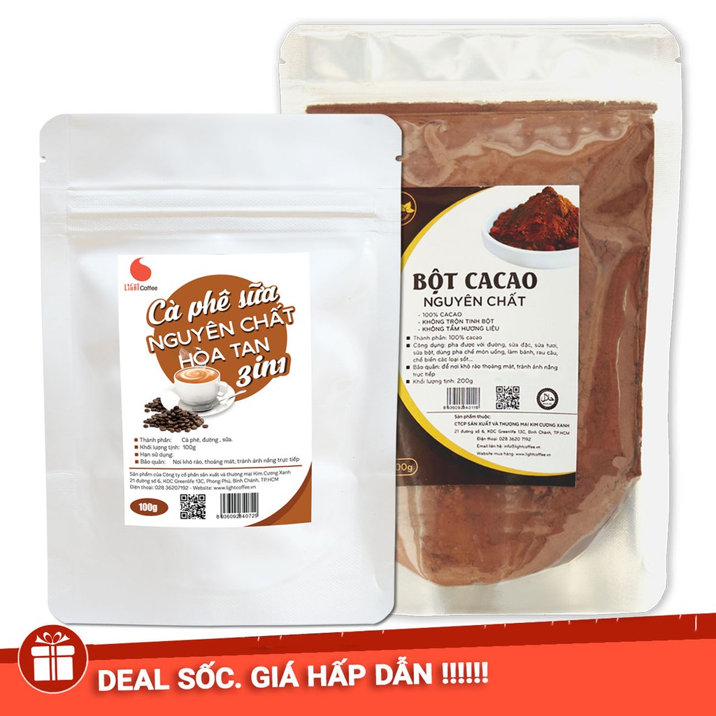 [Mã FMCGM25 - 10% đơn 150K] Combo ca cao nguyên chất 100% 200g + Cà phê sữa hòa tan Light Coffee 100g