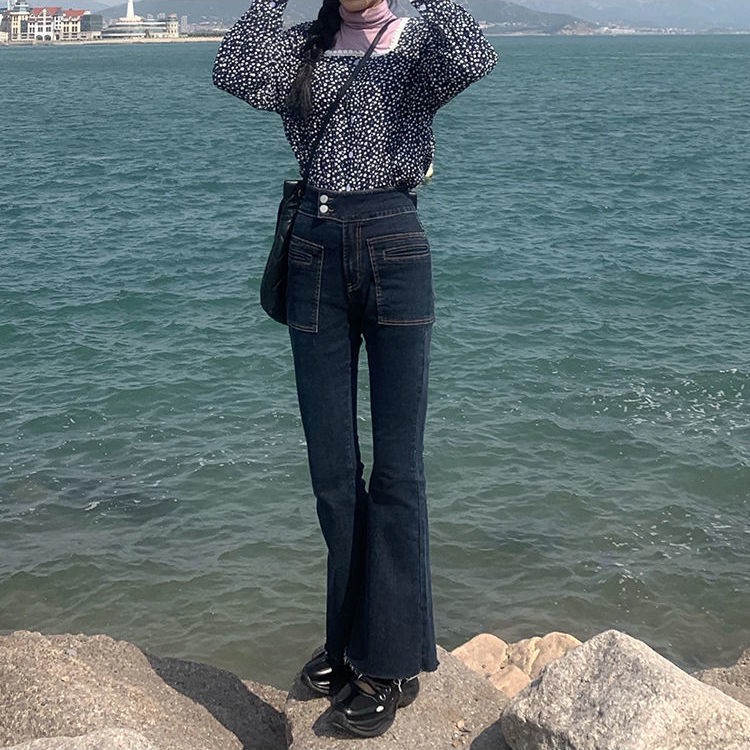 Quần jeans lưng cao ống loe thời trang retro cho nữ
