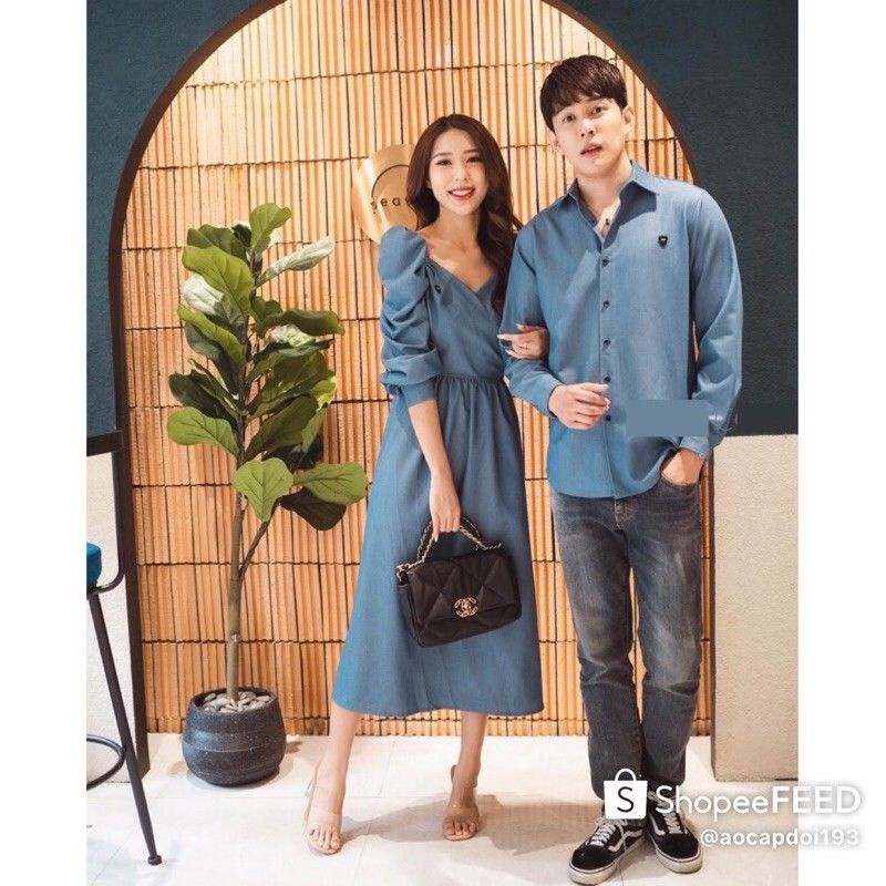 Đồ cặp nam nữ váy áo đôi màu xanh maxi thanh nhã, phù hợp chụp hình cưới, dạo phố