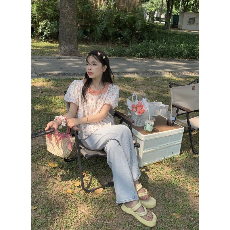 Áo Sơ Mi babydoll Tay Ngắn In Hoa Kiểu Hàn Quốc