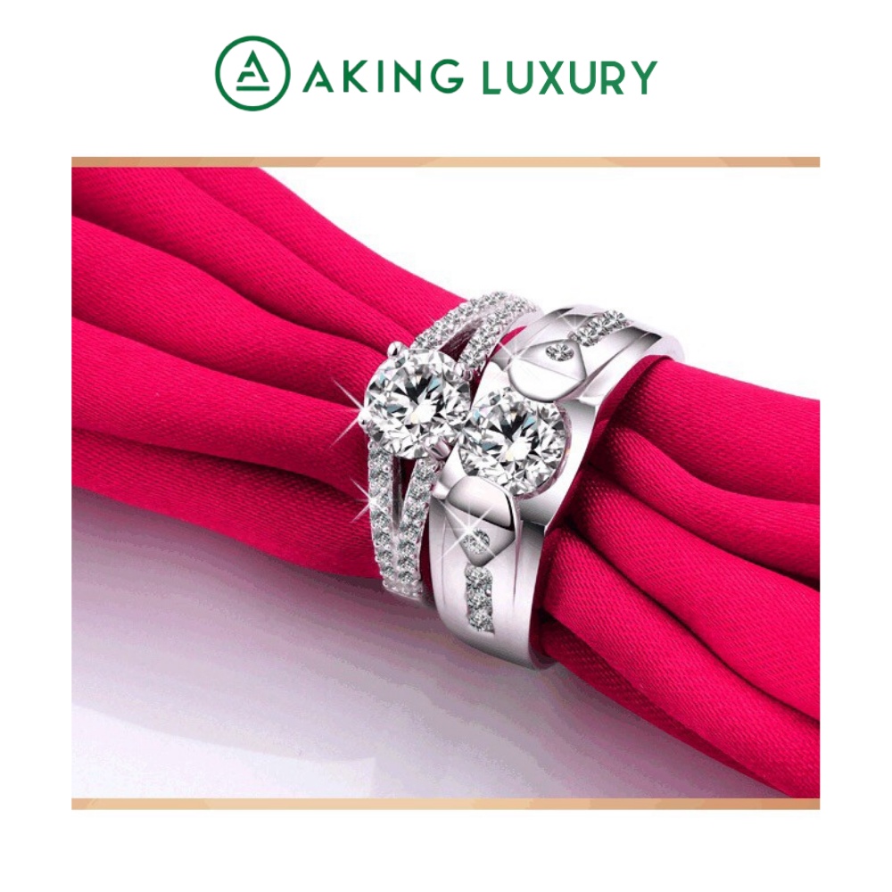 Nhẫn đôi AKING LUXURY AK19 cao cấp, nhẫn bạc nam, nhẫn bạc nữ thiết kế đồng điệu, gắn đá sang trọng. Nhẫn cặp mới 2021.