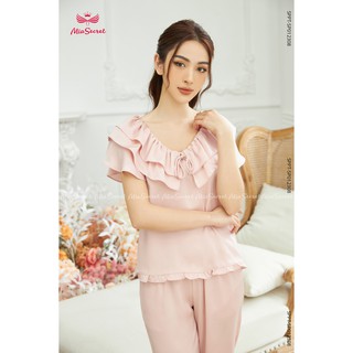Bộ Pyjama Bèo Trùm Vai Nơ Cổ Hồng Phấn