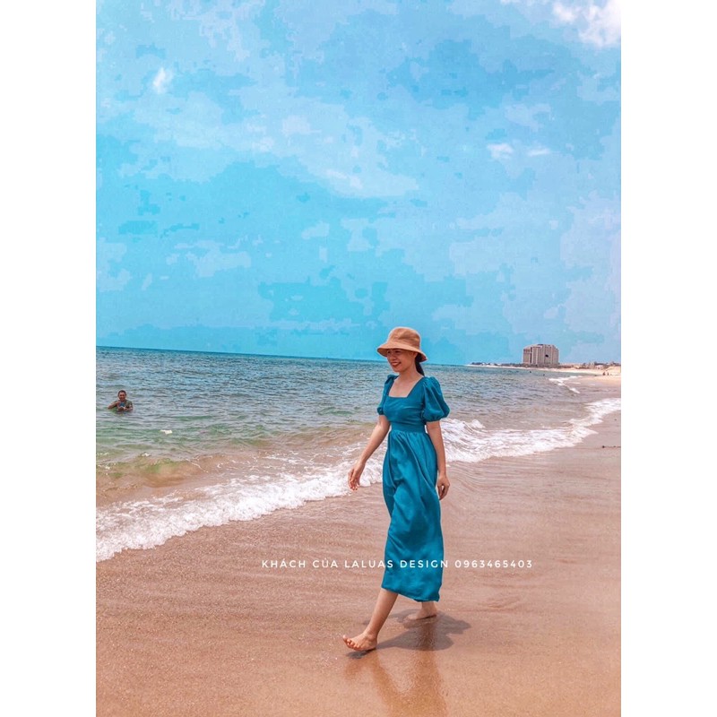 [Hình thật]Đầm xanh cổ vịt hở lưng form dài may 2 lớp Laluas | BigBuy360 - bigbuy360.vn