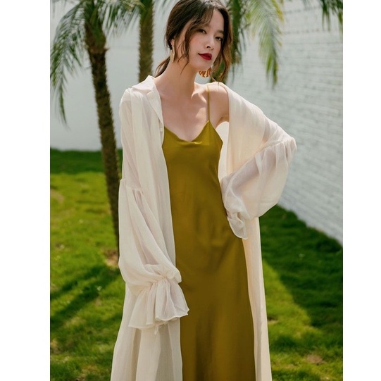 Áo Khoác cardigan chiffon Mỏng Dáng Dài Tay Phồng Chống Nắng Phong Cách Phương Tây Thời Trang Mùa Hè Cho Nữ