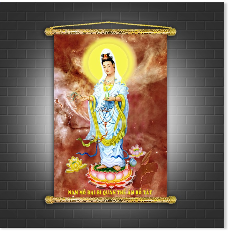 Tranh Liễn Phật Giáo - Quan Thế Âm Bồ Tát, Vải canvas cao cấp nẹp sáo gỗ tự nhiên tặng vòng tay phật giáo | BigBuy360 - bigbuy360.vn