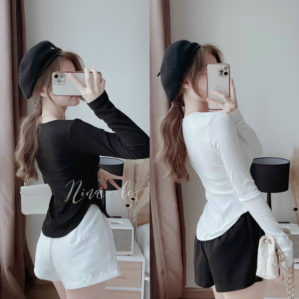 Áo thun gân cổ vuông vạt bầu tay dài ôm body mẫu mới đnag hot MC