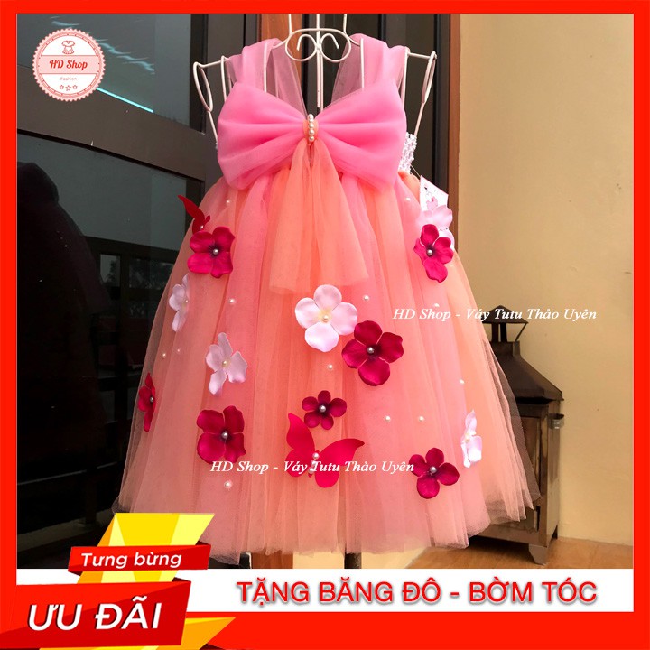 Đầm công chúa cho bé ❤️FREESHIP❤️ Đầm công chúa hồng cam nơ đính hoa tú cầu và bướm cho bé gái